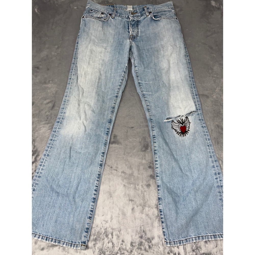 Lucky Brand Easy Rider Jeans Light Wash Winged Heart Patch Distressed Size 10/30